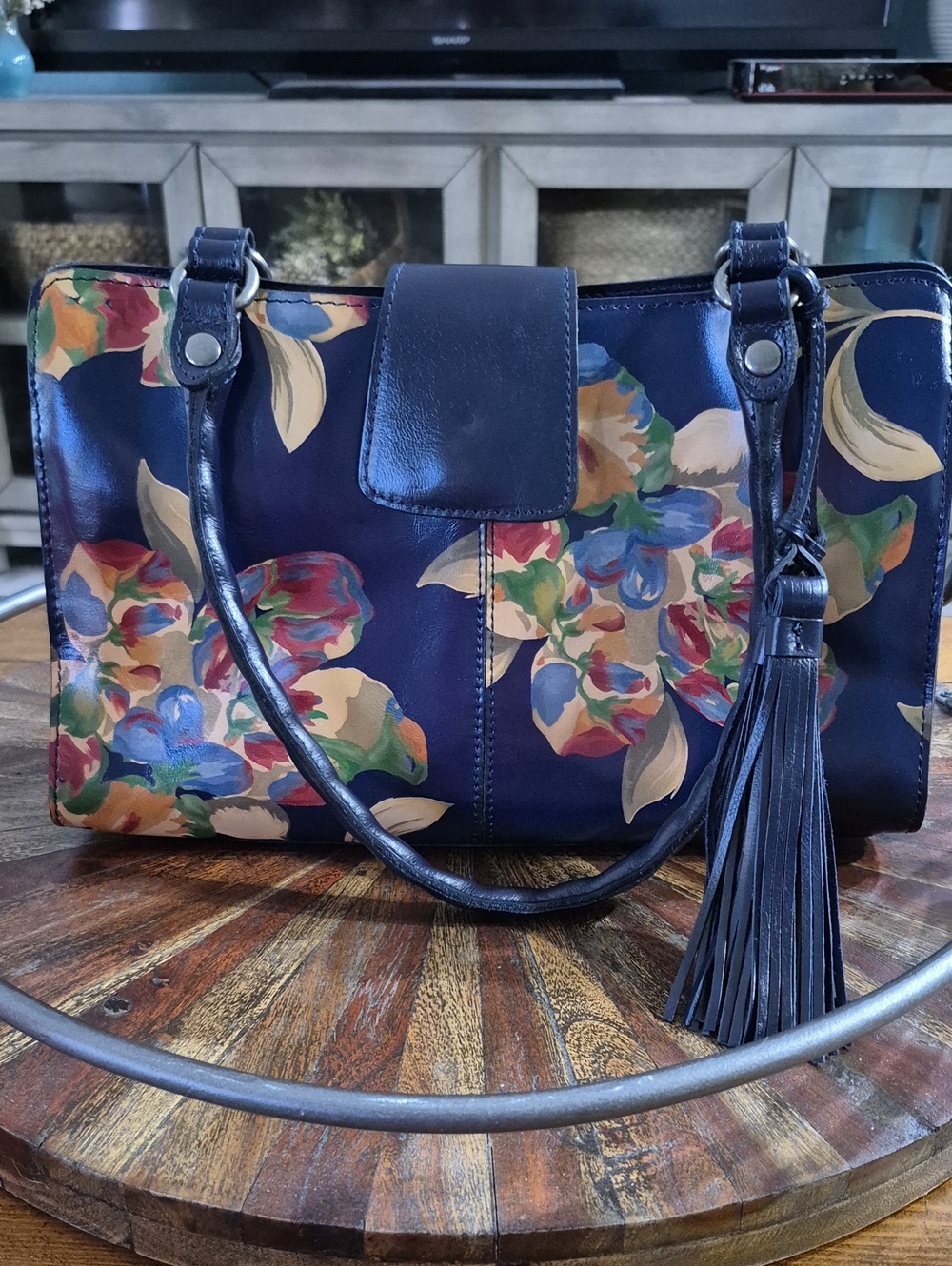 Patricia Nash Floral Navy Leather Tote Bag with Tassel